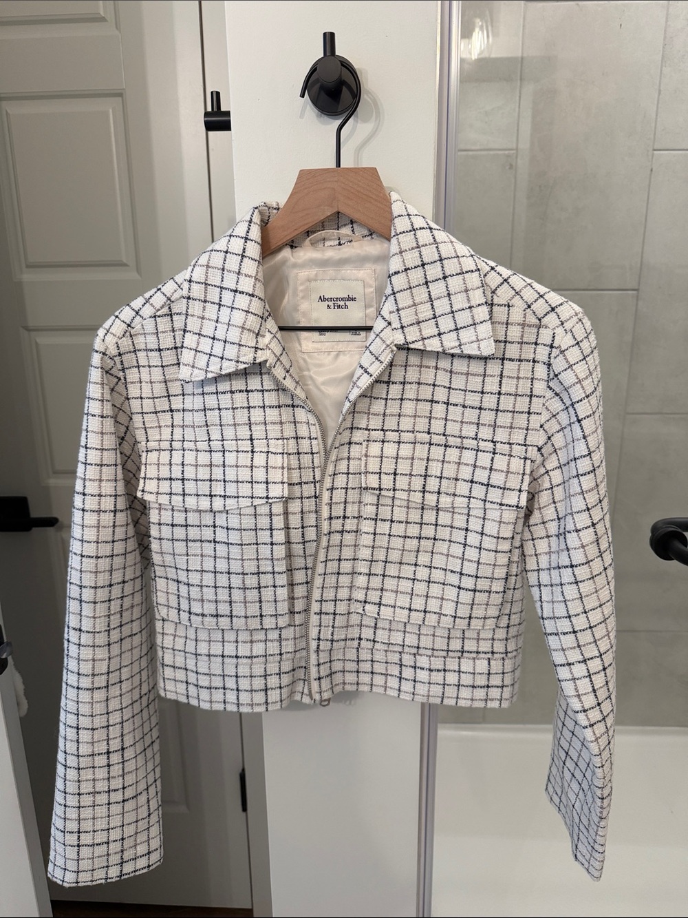Abercrombie & Fitch Cream White Plaid Cropped Blazer